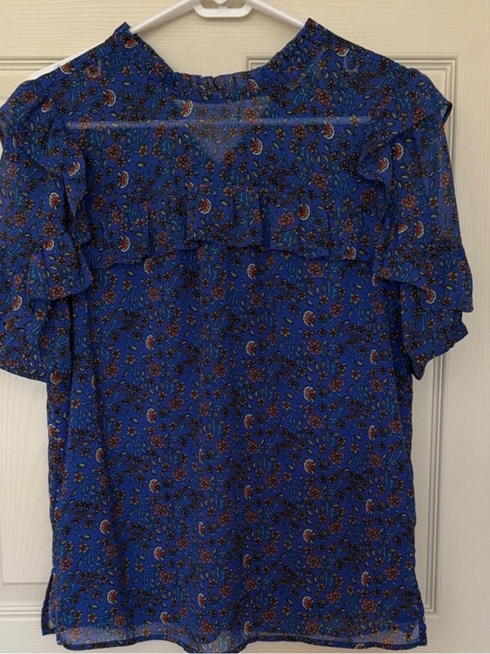 LOFT Women’s Blue Floral Ruffle Short-Sleeve Blouse